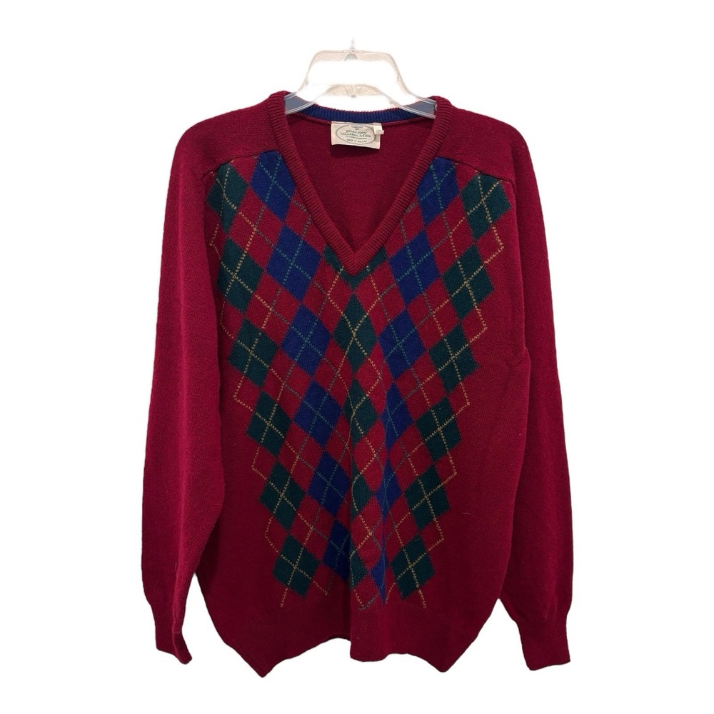 Vintage Blarney Woollen Mills Sweater Mens 44 Large Red Argyle Lambswool Ireland